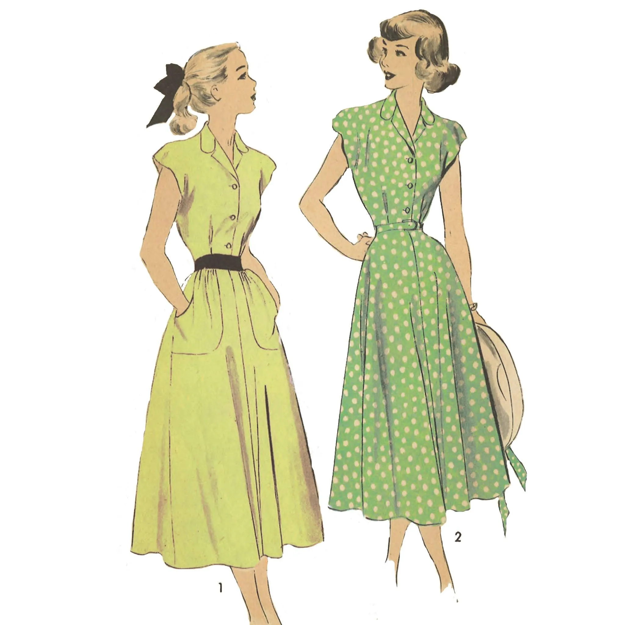 1940's Sewing Pattern Tea Dress with Pockets & Belt  - Multi Sizes