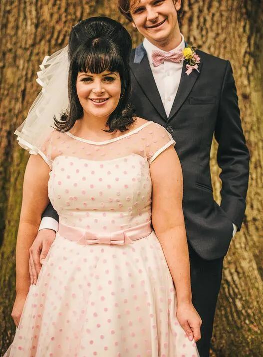 1950s Vintage Short Pink Polka Dot Retro Wedding Dress Tea Length