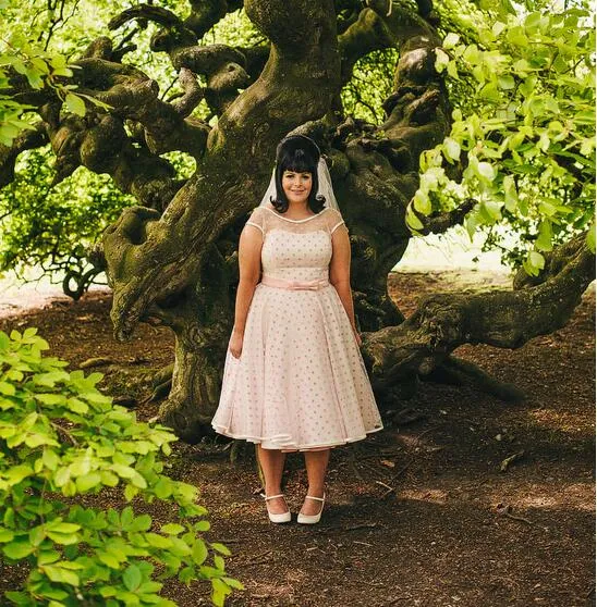 1950s Vintage Short Pink Polka Dot Retro Wedding Dress Tea Length