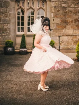 1950s Vintage Short Pink Polka Dot Retro Wedding Dress Tea Length