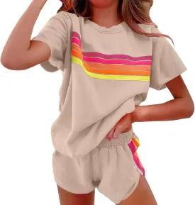 2 Piece Sets for Women Summer Rainbow Striped Lounge Sets Casual Short Sleeve Tops Matching Runner Shorts Outfits