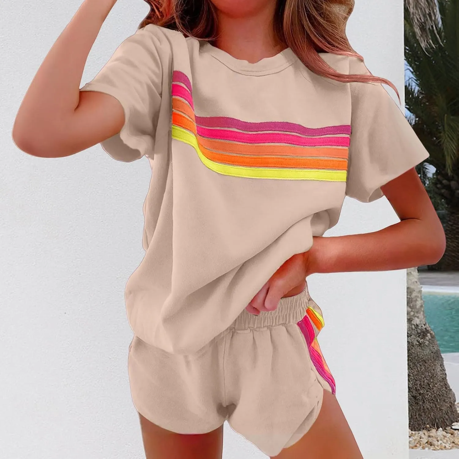 2 Piece Sets for Women Summer Rainbow Striped Lounge Sets Casual Short Sleeve Tops Matching Runner Shorts Outfits