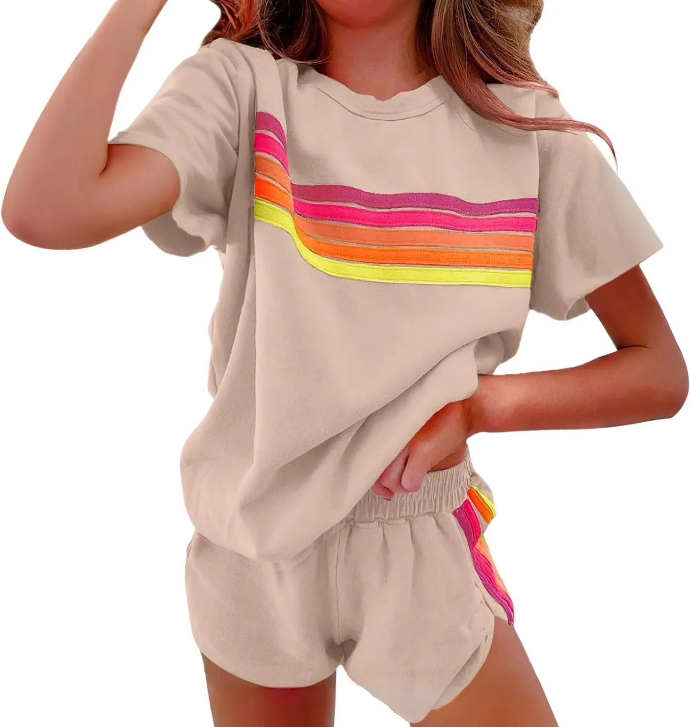 2 Piece Sets for Women Summer Rainbow Striped Lounge Sets Casual Short Sleeve Tops Matching Runner Shorts Outfits