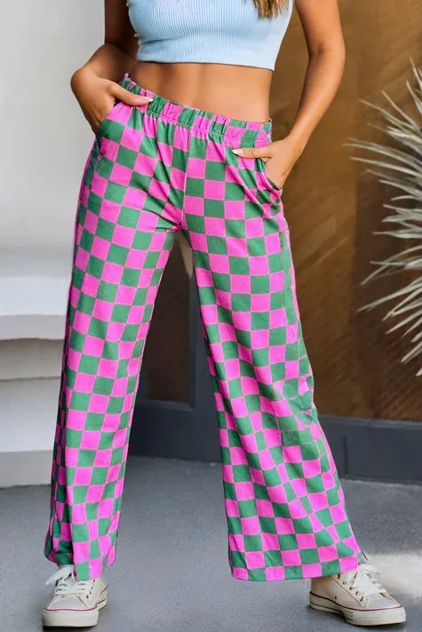 2-Tone Checked Print High Waist Wide Leg Pants