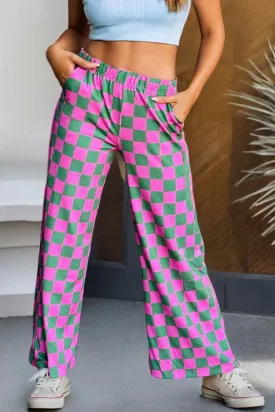 2-Tone Checked Print High Waist Wide Leg Pants