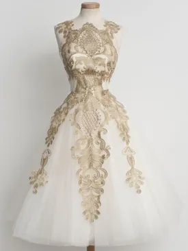 50s Vintage Tea Length Prom Dress  with Gold Lace Appliques
