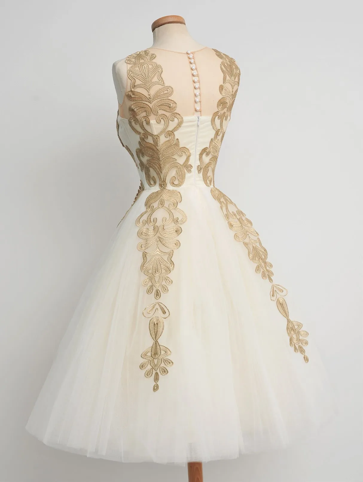 50s Vintage Tea Length Prom Dress  with Gold Lace Appliques