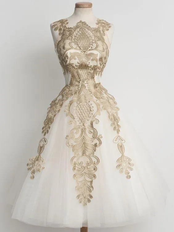 50s Vintage Tea Length Prom Dress  with Gold Lace Appliques