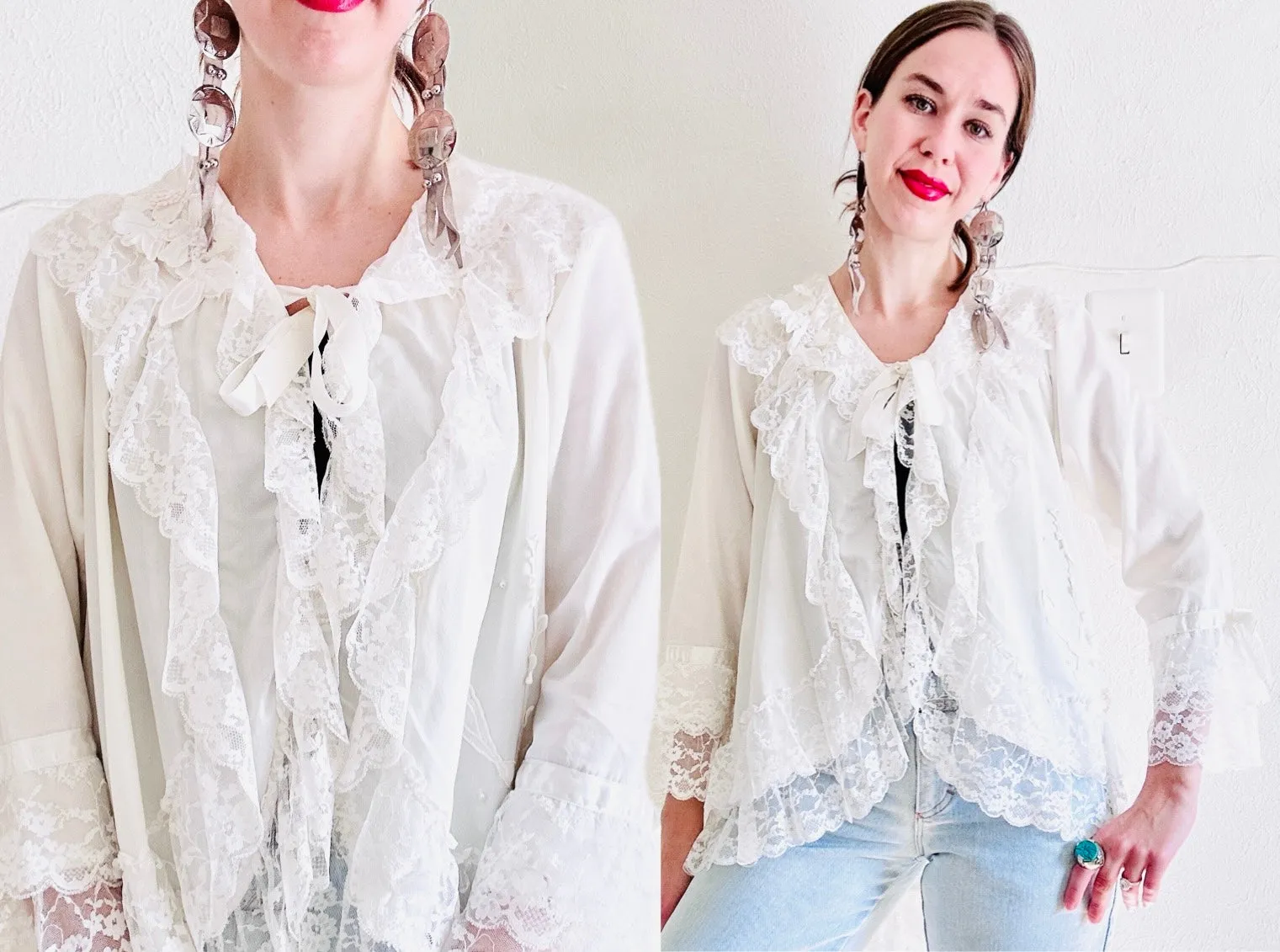 80'S VINTAGE WHITE LACE LINGERIE ROBE // SIZE MEDIUM LARGE