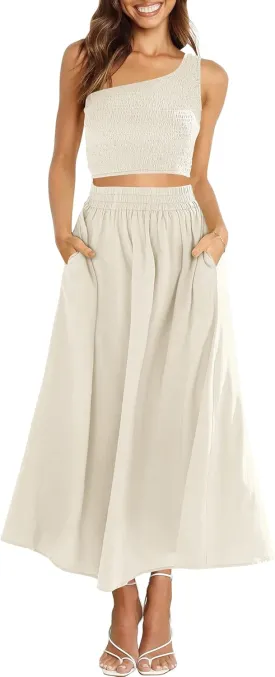 ANRABESS Women's 2 Pieces Outfits One Shoulder Smocked Crop Top & High Waist Long Skirt Dress Set with Pockets