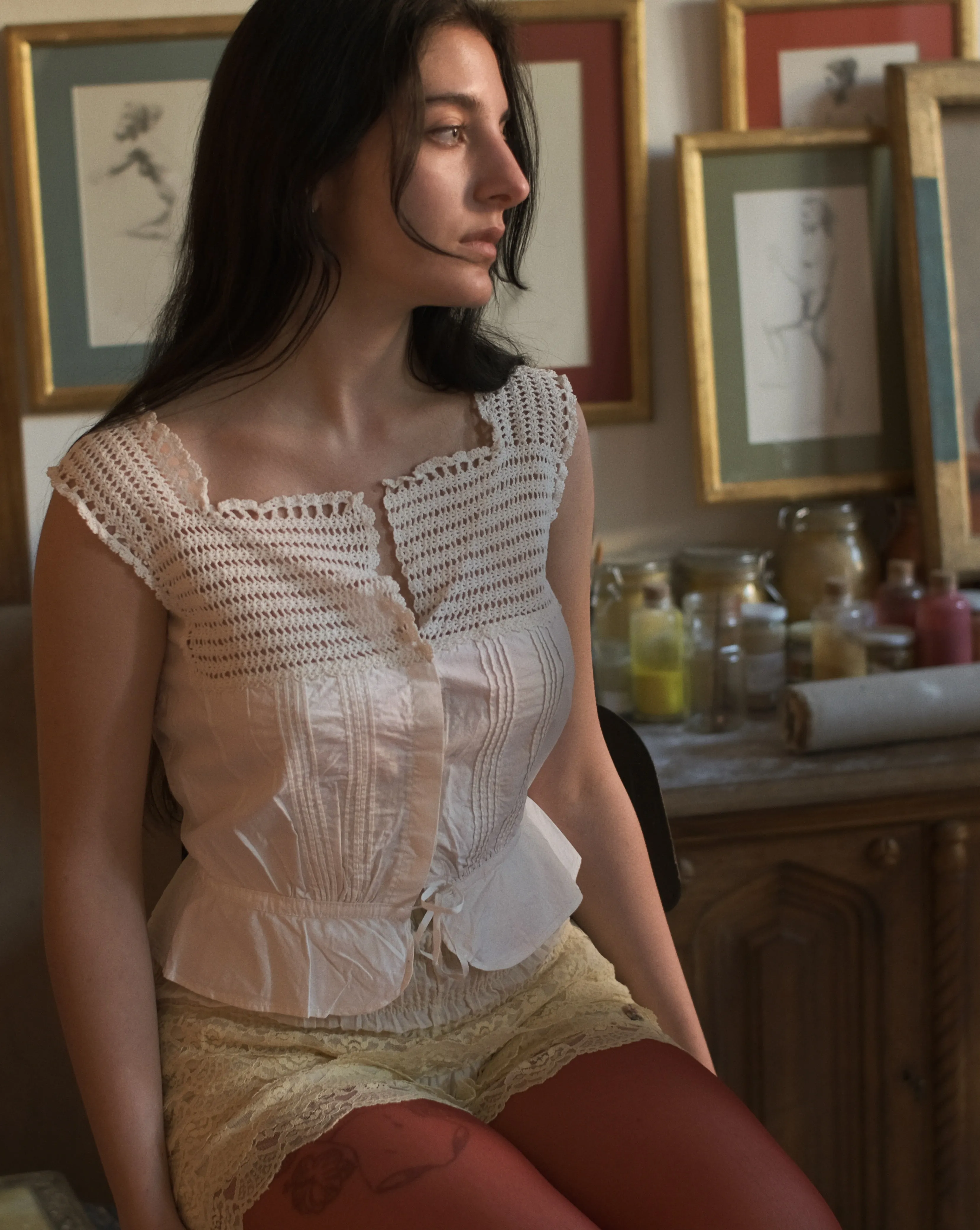 Antique cotton and hand crochet camisole, s-m
