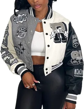 babyhealthy Womens Crop Varsity Jacket Stitched Leather Baseball Bomber Jacket Y2K Streetwear Short Coat