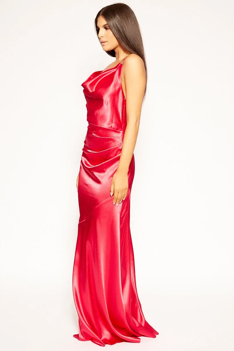 Balere - Cerise Cowl Neck Satin Backless Evening Dress