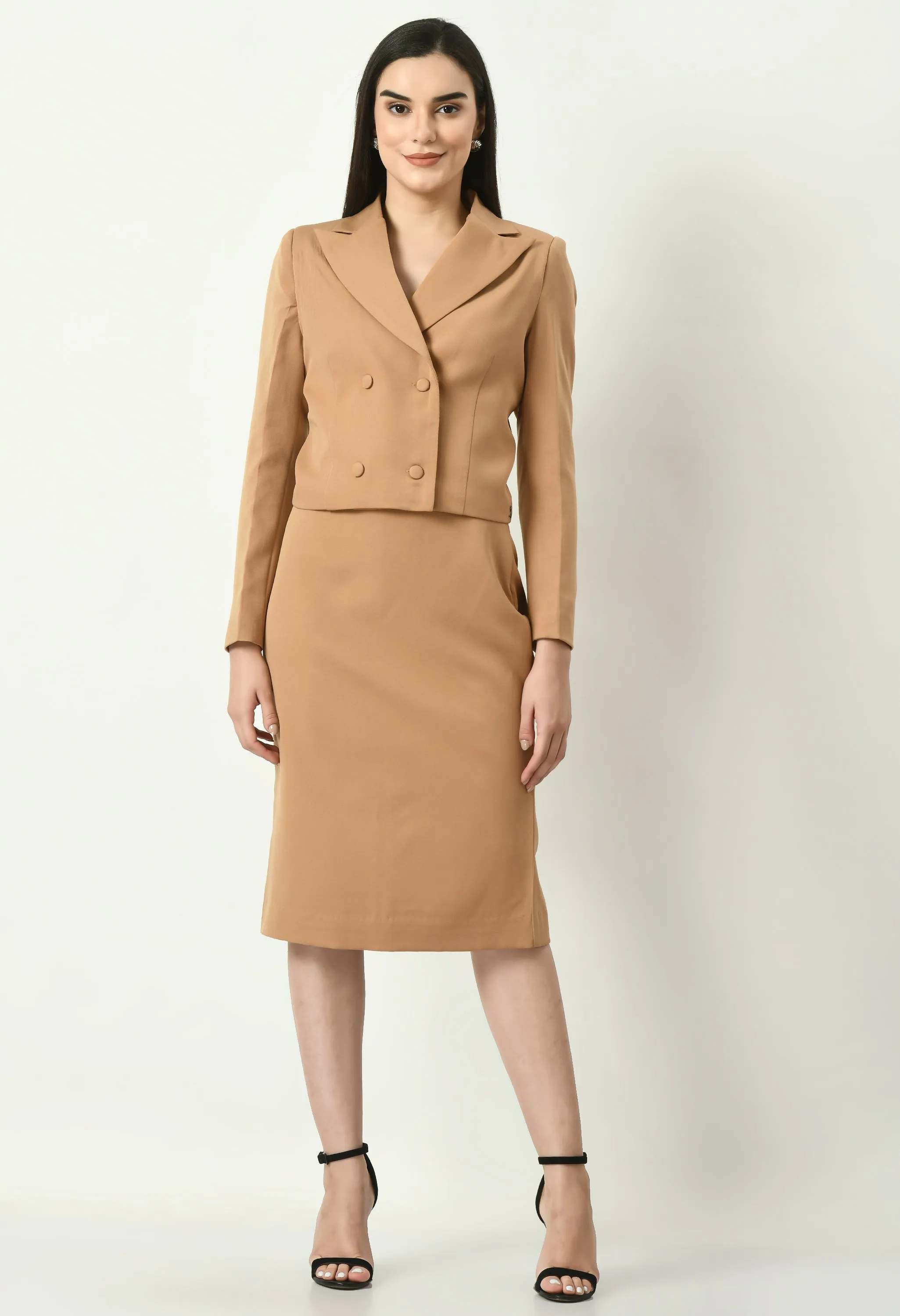 Beige Cotton Blend Marvelous Pencil Midi Skirt