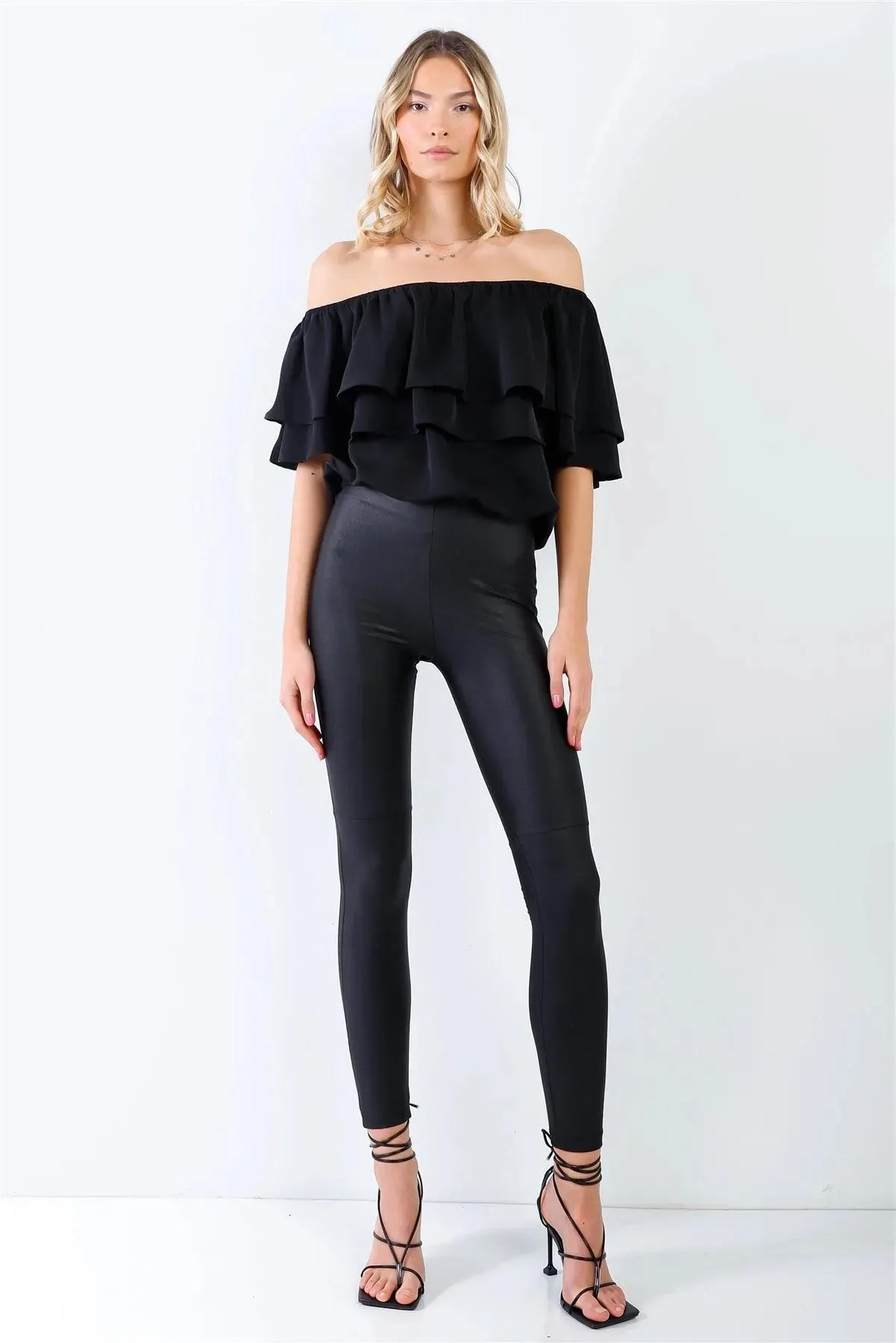 Black Ruffled Off-The-Shoulder Elasticized Trim Crop Top /1-1-2-1-1