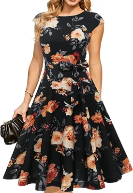Black Yellow Flower Women Casual Dresses Vintage Cocktail Tea Party Dress A-Line Summer Work Dress - DRESSTELLS