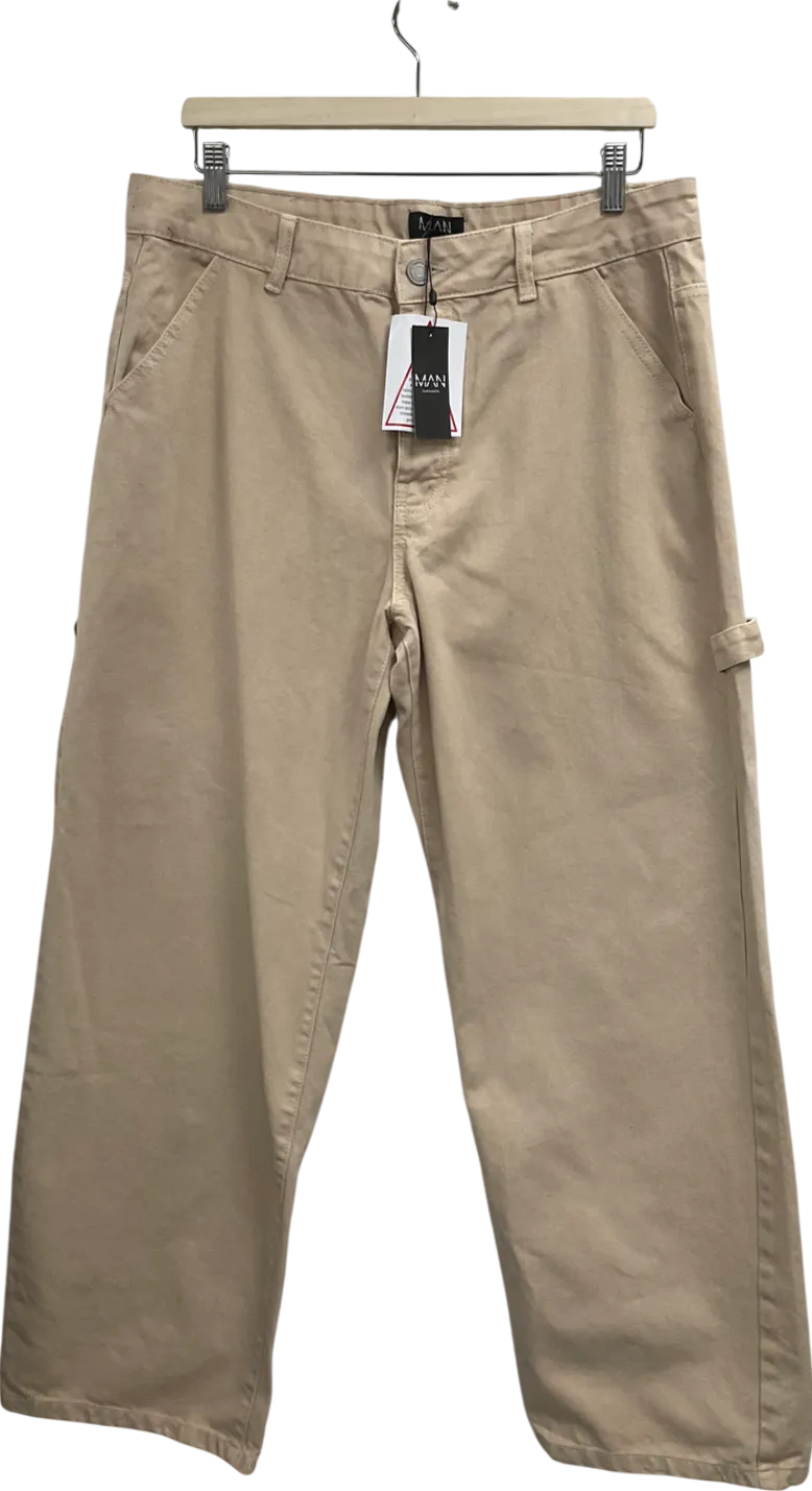 boohooMan Beige Baggy Fit Overdyed Carpenter Jeans W34