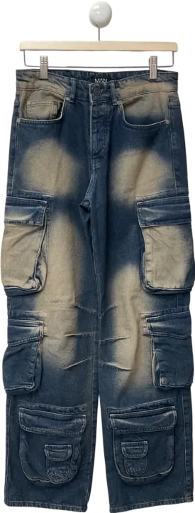 boohooMan Blue Baggy Rigid Multi Pocket Tinted Jeans UK XXS