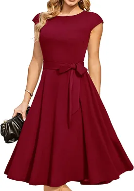 Burgundy Women Casual Dresses Vintage Cocktail Tea Party Dress A-Line Summer Work Dress - DRESSTELLS