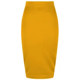 Classic Stretch Honey Yellow Pencil Bodycon Midi Office Work Skirt