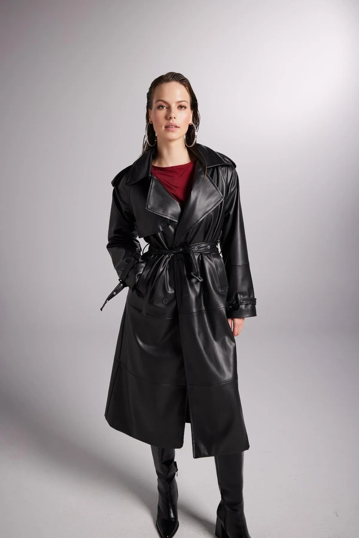 Collider Black Faux Leather Trench Coat