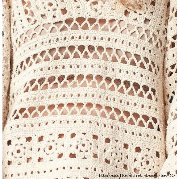 Cream crochet blouse, bell sleeves - FREE SHIPPING