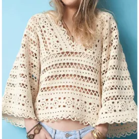 Cream crochet blouse, bell sleeves - FREE SHIPPING