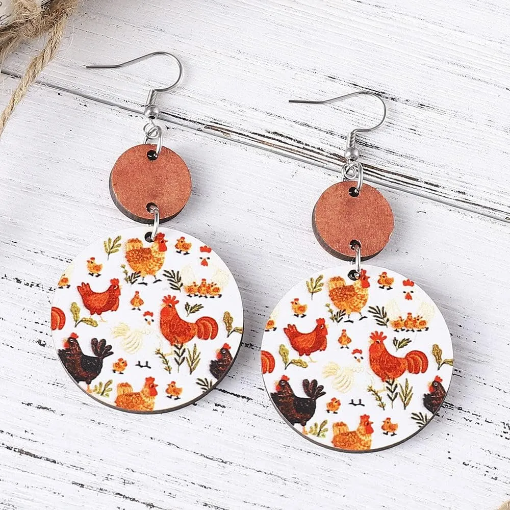 Creative Funny Hen Chicken Wave-Dot Wooden Dangle Earrings Cute Kawaii Animal Turkey Rooster Farm Design Earrings for Women Lightweight Hypoallergenic Fashion Charm Jewelry Gifts