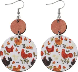 Creative Funny Hen Chicken Wave-Dot Wooden Dangle Earrings Cute Kawaii Animal Turkey Rooster Farm Design Earrings for Women Lightweight Hypoallergenic Fashion Charm Jewelry Gifts