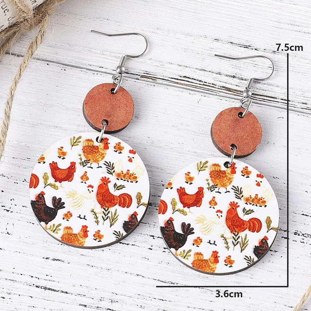 Creative Funny Hen Chicken Wave-Dot Wooden Dangle Earrings Cute Kawaii Animal Turkey Rooster Farm Design Earrings for Women Lightweight Hypoallergenic Fashion Charm Jewelry Gifts