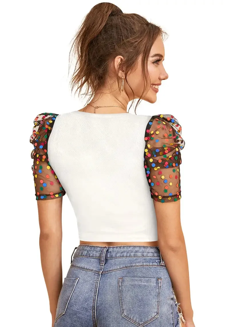 Crisp White Polka-Dot Print Net Sleeves Top
