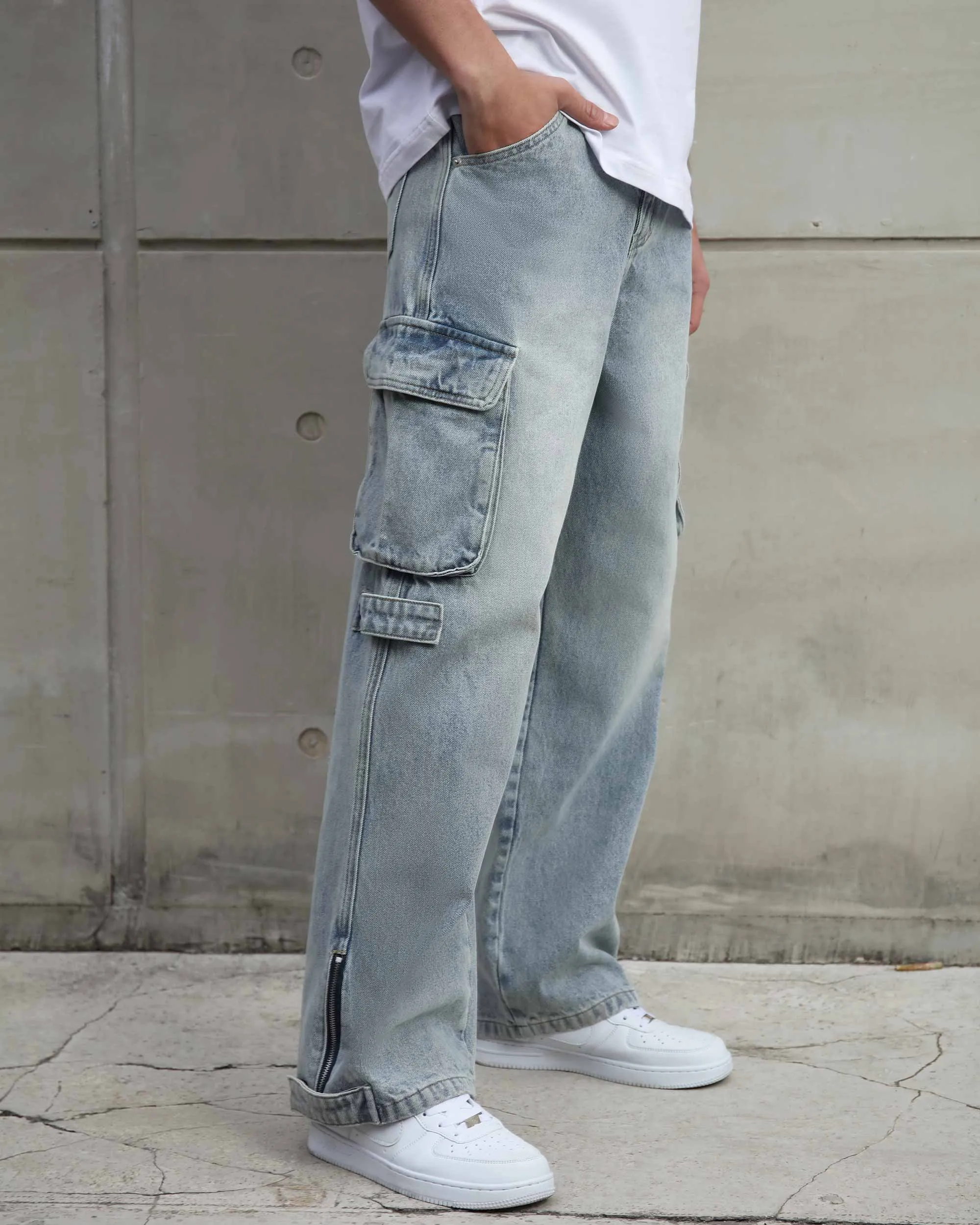 Distressed Blue Baggy Jeans with Cargo Design-Mexico Local Delivery