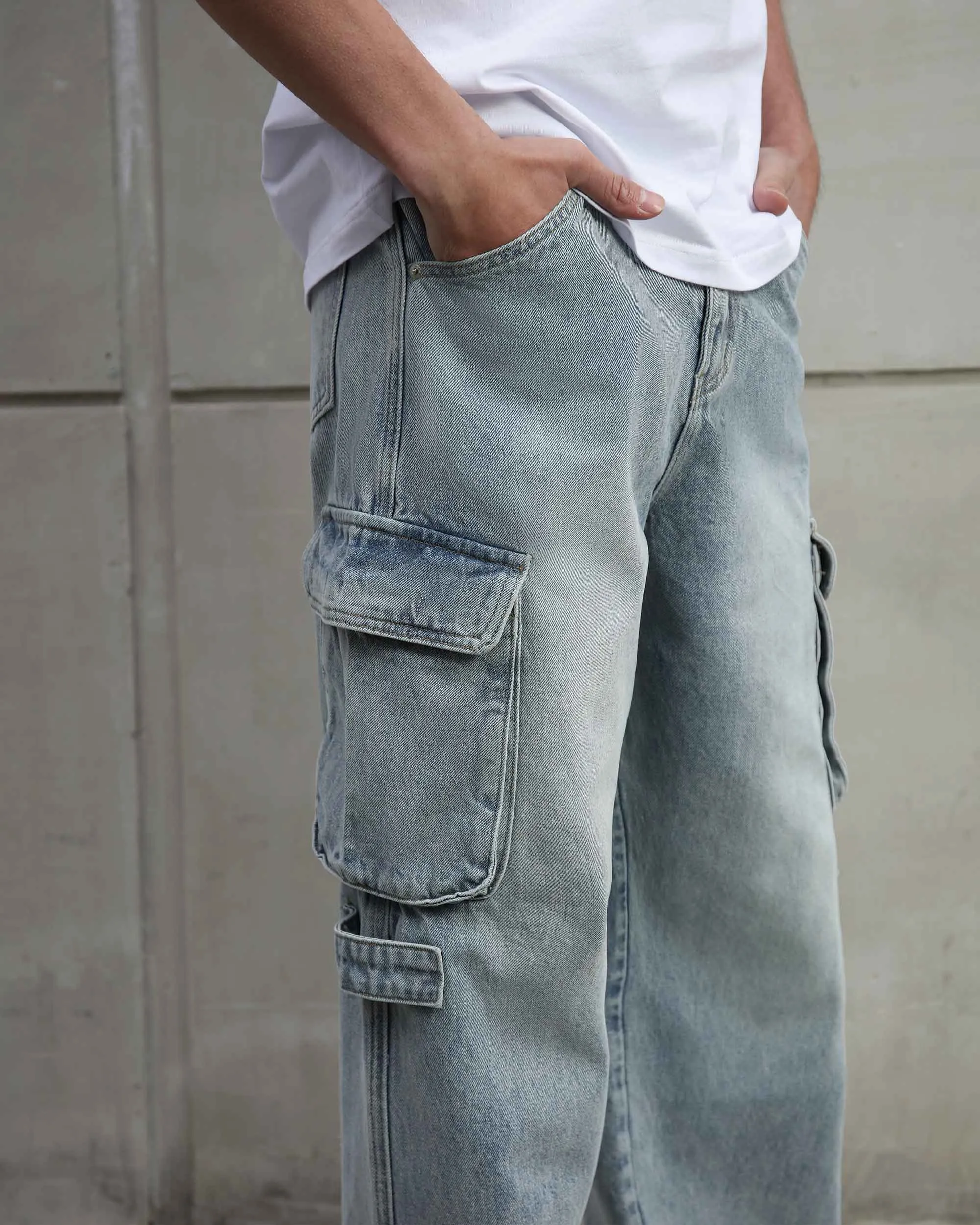 Distressed Blue Baggy Jeans with Cargo Design-Mexico Local Delivery