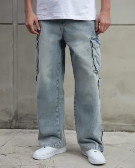 Distressed Blue Baggy Jeans with Cargo Design-Mexico Local Delivery