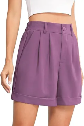 Dress Shorts for Women Dressy Casual Summer Pleated Tailored Back Elastic Waist Wide Legtrouser Shorts with Pockets