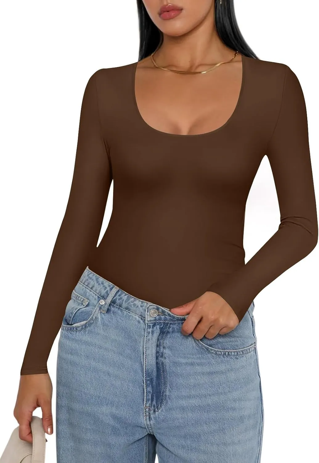 Ekouaer Women Long Sleeve Shirt Scoop Neck Tops Slim Fit Basic Top Thermal Undershirts Base Layer Tee