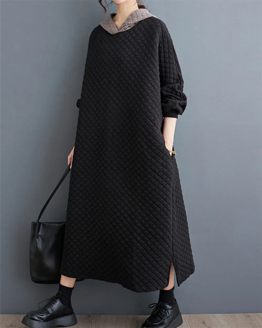 ellazhu Women's Oversized Sweatshirt Patchwork Hooded Dress with Pockets GZ38
