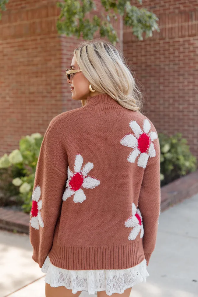Fall Into Place Brown Textured Floral Print Mock Neck Sweater FINAL SALE