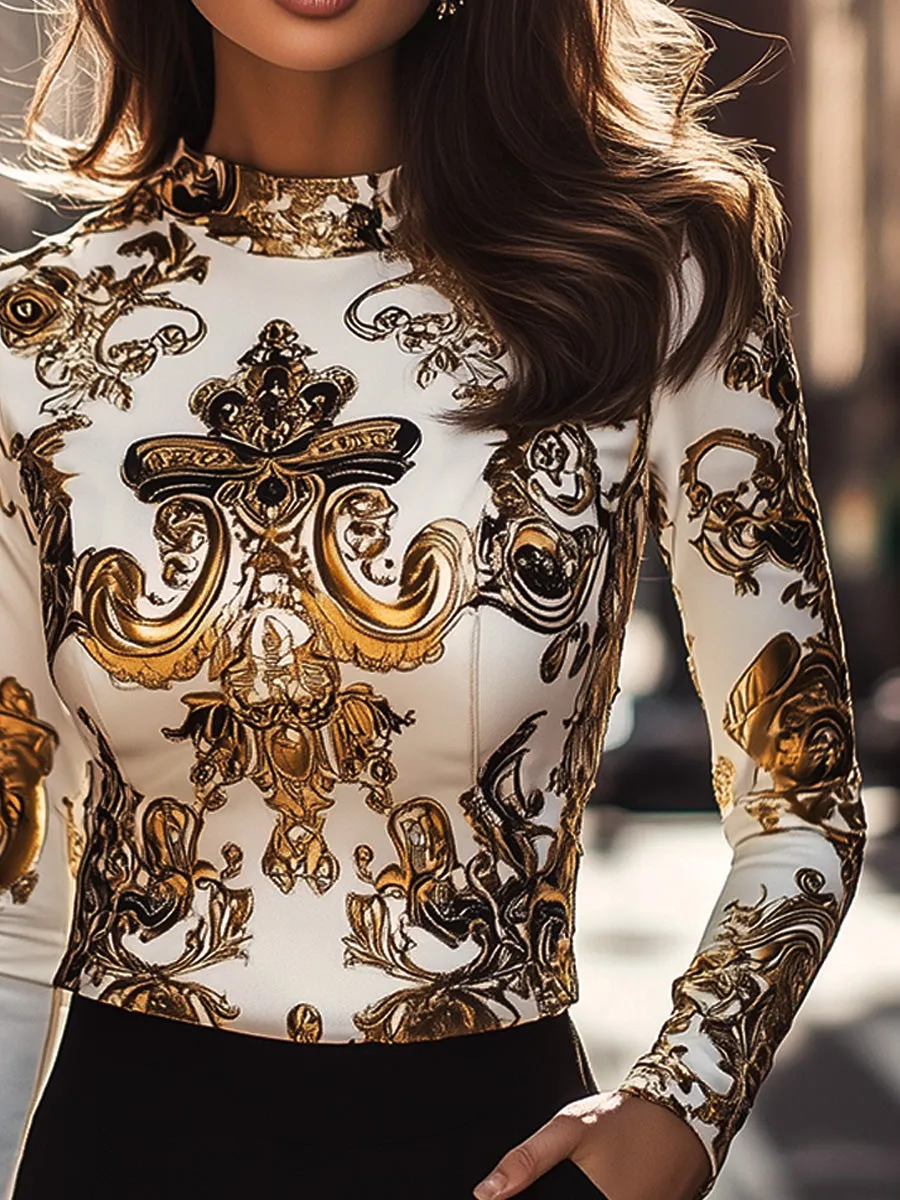 Fashion Baroque Print Bodycon Long Sleeve Top