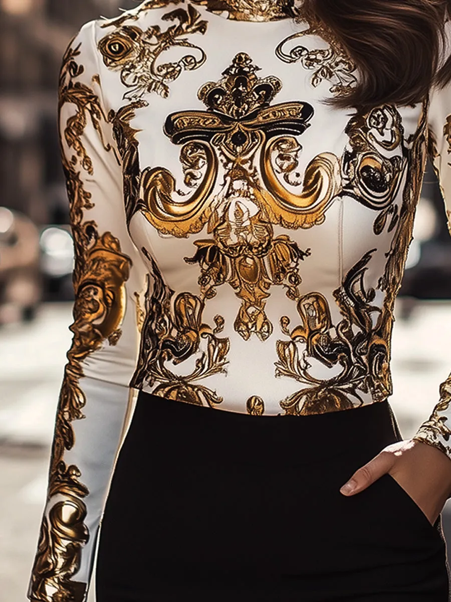 Fashion Baroque Print Bodycon Long Sleeve Top
