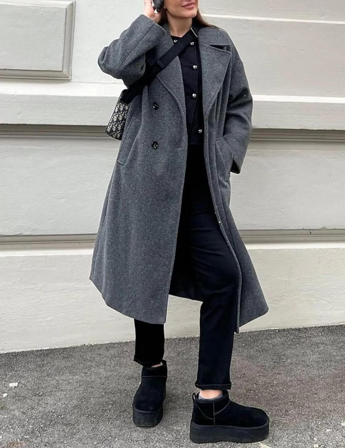 Gihuo Women's Notched Collar Wool Blend Pea Coat Winter Double Breasted Trench Coat Long Oversized Button Down Overcoats