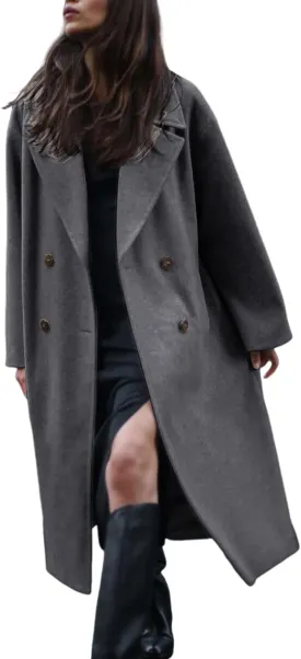 Gihuo Women's Notched Collar Wool Blend Pea Coat Winter Double Breasted Trench Coat Long Oversized Button Down Overcoats