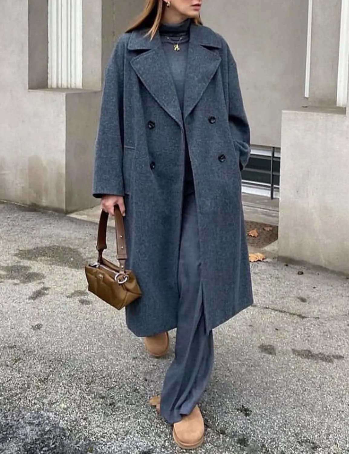 Gihuo Women's Notched Collar Wool Blend Pea Coat Winter Double Breasted Trench Coat Long Oversized Button Down Overcoats