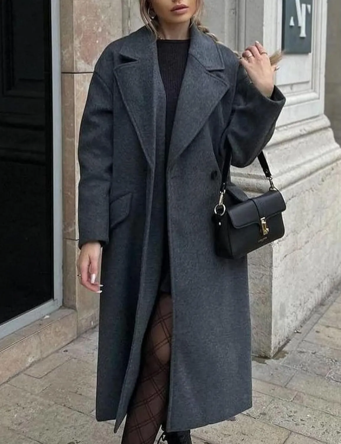 Gihuo Women's Notched Collar Wool Blend Pea Coat Winter Double Breasted Trench Coat Long Oversized Button Down Overcoats