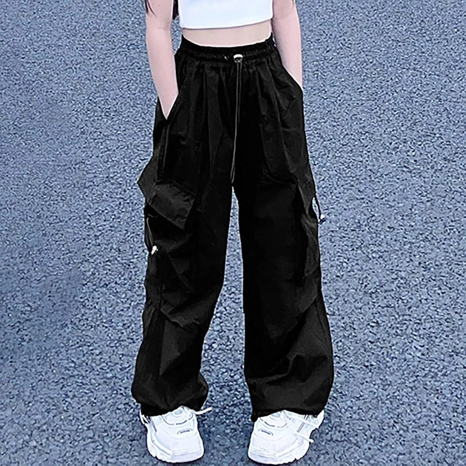 Girls Cargo Pants Wide Leg Pants Teen Kids Solid Drawstring Straight Joggers Trousers with Pockets 3-16 Years