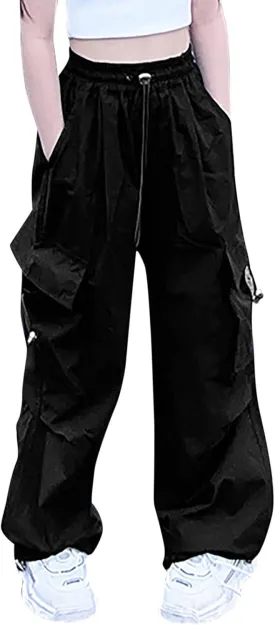 Girls Cargo Pants Wide Leg Pants Teen Kids Solid Drawstring Straight Joggers Trousers with Pockets 3-16 Years