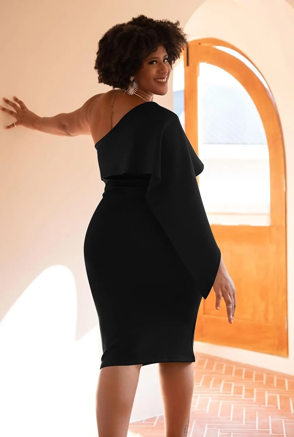 GOBLES Women's Summer Sexy One Shoulder Ruffle Bodycon Midi Cocktail Dress