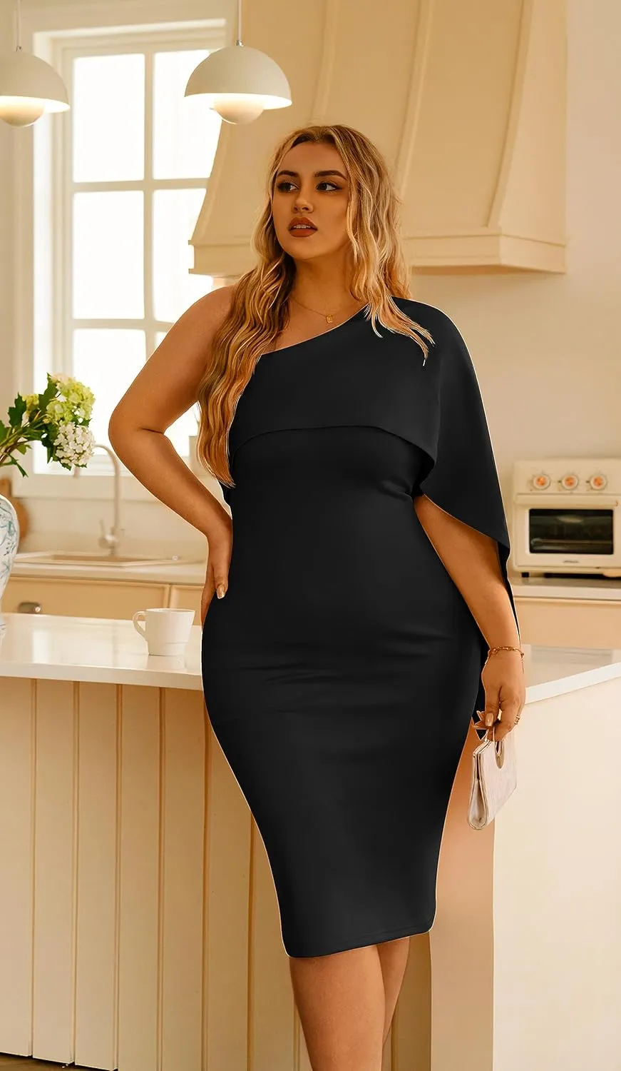 GOBLES Women's Summer Sexy One Shoulder Ruffle Bodycon Midi Cocktail Dress