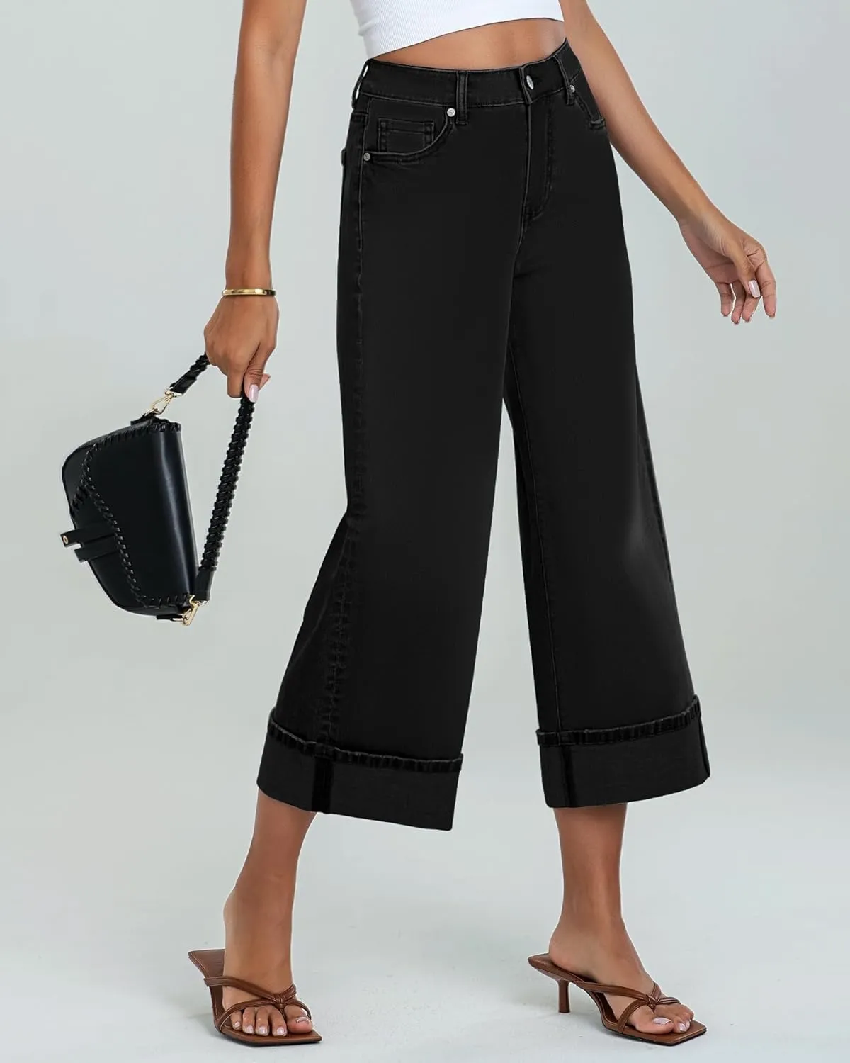 GRAPENT Wide Leg Jeans for Women High Waisted Stretchy Denim Crop Pants Fold Hem Cropped Baggy Jeans with Pockets