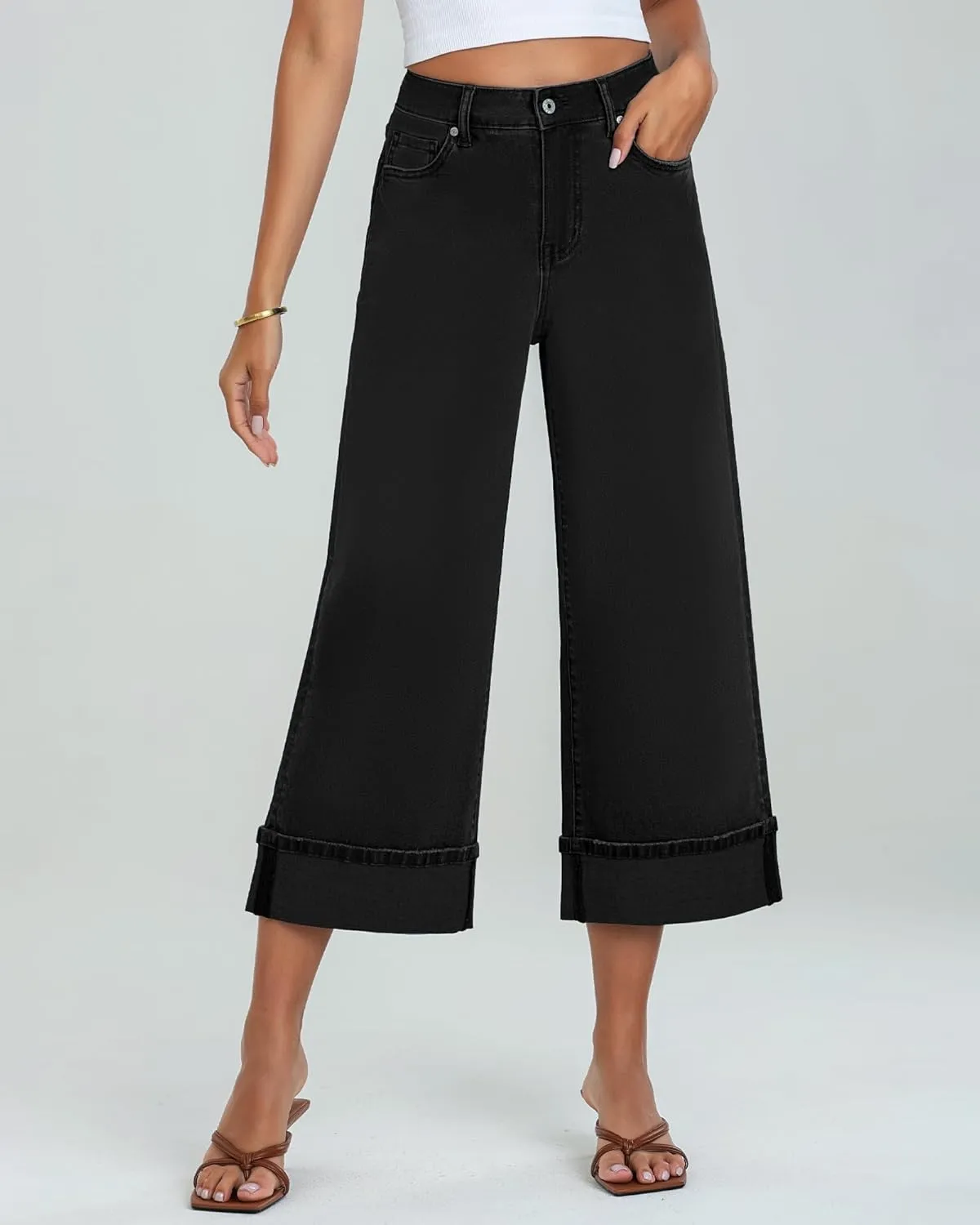 GRAPENT Wide Leg Jeans for Women High Waisted Stretchy Denim Crop Pants Fold Hem Cropped Baggy Jeans with Pockets